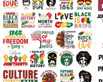 May include: A digital collection of 25 Juneteenth-themed graphic designs featuring text, illustrations of sunflowers, silhouettes, and raised fists in red, black, green, and yellow. The layout includes file format labels like PDF, SVG, PNG, EPS, and DXF.