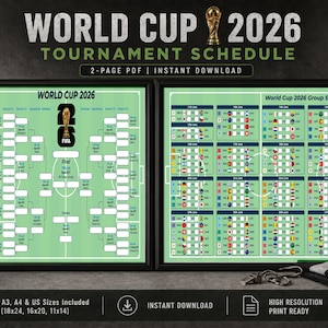 Puede incluir: Un calendario del torneo de la Copa del Mundo 2026 en dos paneles en un marco negro. El panel izquierdo muestra el cuadro del torneo, y el panel derecho muestra la fase de grupos. El texto incluye "Copa del Mundo 2026". Incluye tamaños A2, A3, A4 y US (45.7x61cm, 40.6x50.8cm, 28x35.5cm).