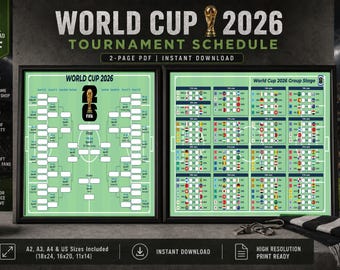 Póster mural del Mundial 2026 - Cuadro del torneo de fútbol imprimible - Todos los partidos y grupos - Fácil de imprimir, Calendario de partidos de fútbol