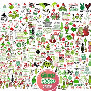 May include: A digital collection of numerous Grinch-themed illustrations and text graphics featuring the green character in various poses, wearing Santa hats, and accompanied by phrases like Peace Love Grinch, My Day, and The Grinch 300+.