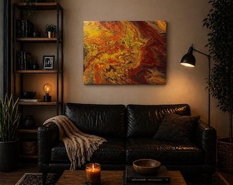 Abstract Yellow Red Swirl Painting: Dynamic Movement, Vitality Art