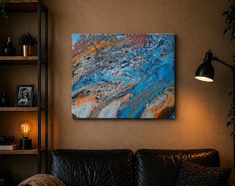 Tide Fire Abstract Art: Blue Orange Wave Inspired Canvas Print