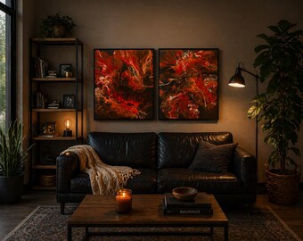 Autumn Fire Abstract Pour Painting: Cozy Ambiance Wall Art