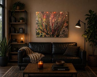 Ember Veins Abstract Fluid Art Painting: Van Gogh Inspired Wall Decor
