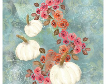 White Pumpkin Rose Cascade Quilt Block - White Fall Pumpkins, Blue, Orange, Pink, Fabric Art Print - 8.4" x 8.4" - Premium Cotton, 1 Block