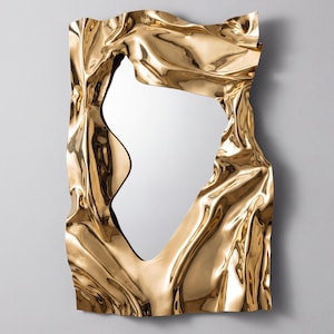 Gran espejo de pared dorado Mykonos Ibiza, espejo abstracto moderno, pieza de diseño impactante, decoración moderna de lujo, hecho a mano y personalizado.
