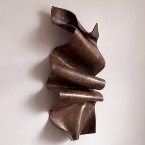 Könnte beinhalten: Eine vertikale Wandskulptur aus dunkel bronzefarbenem Metall mit einer gewellten, wellenförmigen Oberfläche. Das Objekt weist tiefe Falten und Kurven auf, die ein Gefühl von Bewegung erzeugen, mit einer texturierten, verwitterten Oberfläche.