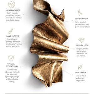 May include: A bronze-coloured, abstract wall sculpture with a rippled, folded surface and a hand-applied patina. The image includes text detailing the handmade process, including phrases like HANDMADE. HAND PAINTED. ONE OF A KIND.
