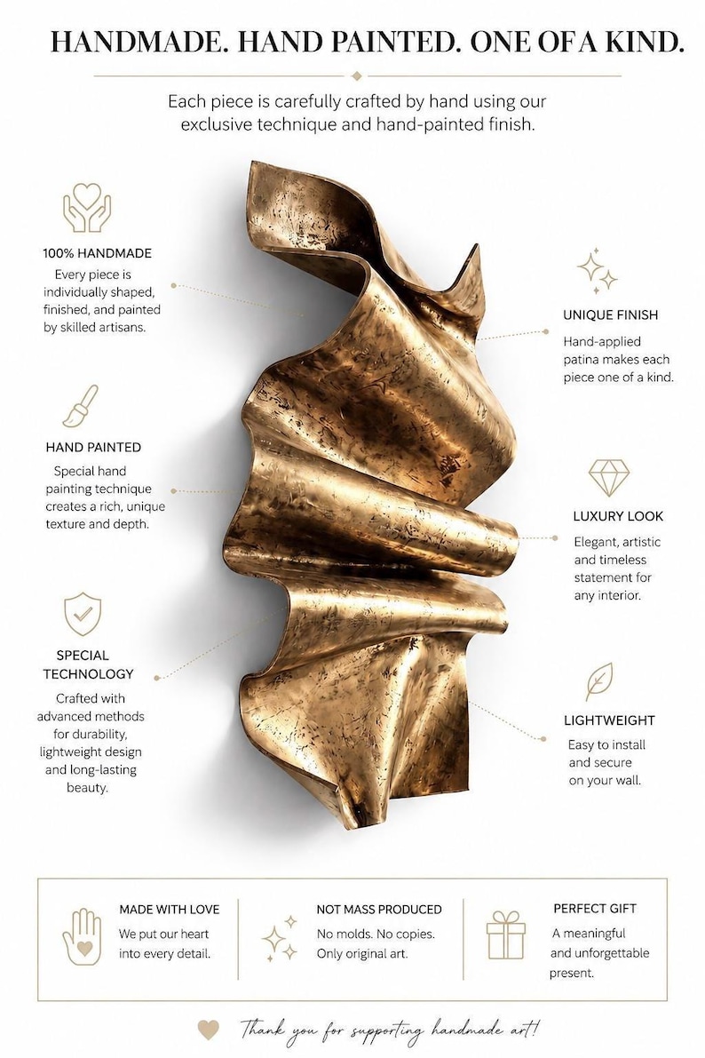 May include: A bronze-coloured, abstract wall sculpture with a rippled, folded surface and a hand-applied patina. The image includes text detailing the handmade process, including phrases like HANDMADE. HAND PAINTED. ONE OF A KIND.