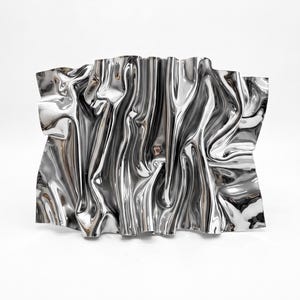 May include: A rectangular wall sculpture made of polished silver-colored metal with a highly reflective, rippled surface that mimics the appearance of draped fabric or flowing liquid, featuring deep folds and curves throughout the entire piece.
