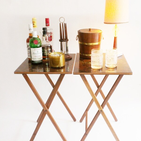 Vintage Folding Table Scheibe TV Tray Burl Wood Portable Bar
