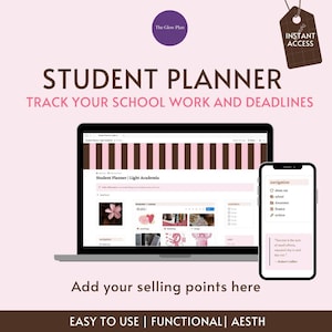 Può includere: Un'agenda digitale per studenti visualizzata su un laptop e uno smartphone. Lo schermo del laptop mostra un'interfaccia di pianificazione con accenti rosa e marroni. Lo smartphone mostra un menu di navigazione. Il testo include "Student Planner".