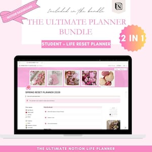 Può includere: Un laptop che mostra un modello di pianificatore Notion rosa e bianco. Lo schermo mostra un "Spring Reset Planner 2026" con varie sezioni. L'immagine include anche il testo "The Ultimate Planner Bundle" e "2 in 1".