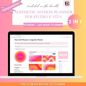 Può includere: Pianificatore Notion estetico visualizzato su uno schermo di un laptop. Lo schermo mostra un pianificatore digitale con uno schema di colori rosa e arancione. Il testo include "Student + Life Reset Planner".