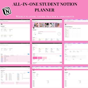 Può includere: Un pianificatore digitale rosa con il testo "ALL-IN-ONE STUDENT NOTION PLANNER" e "WEEKLY PLANNER, COURSE TRACKER & ASSIGNMENTS". Il pianificatore include sezioni per la pianificazione universitaria e il monitoraggio dei corsi.