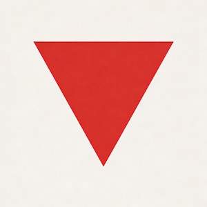 Peut inclure: Un triangle rouge plein, pointant vers le bas, sur fond blanc. La forme géométrique est un design audacieux et minimaliste, avec des lignes épurées et une couleur vibrante. L'œuvre est simple mais frappante.