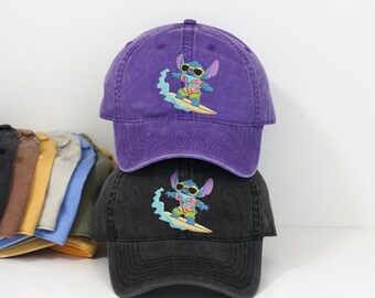 Embroidered Surfing Stitch Hawaiian Shirt Baseball cap, Vintage Tropical Beach Vacation Washed Dadhat, Retro Disney Fan Aloha LowProfile cap