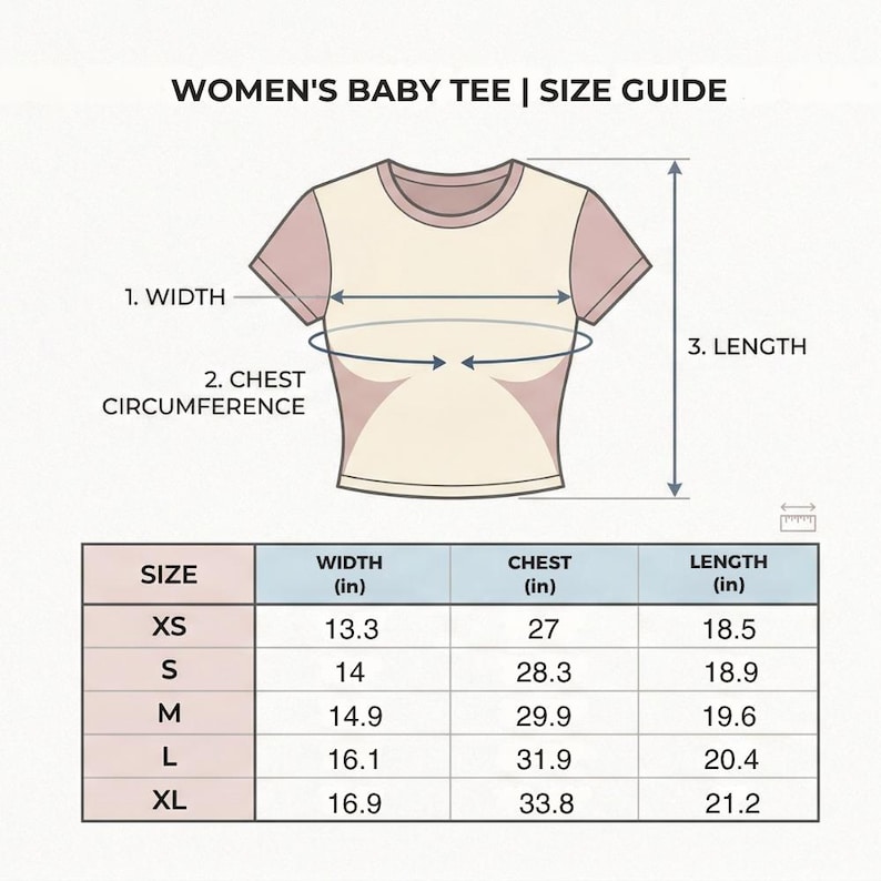May include: A baby tee size guide with measurements in inches. The guide includes a diagram of the shirt with labeled dimensions for width, chest circumference, and length. Sizes range from XS to XL, with corresponding measurements.
