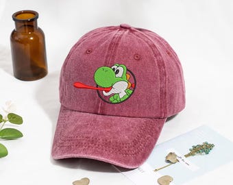 Embroidered Yoshi Dinosaur Baseball cap, Vintage Mario Bros Gaming Washed Dad hat, Retro Mario Fan Low Profile cap, Gamer Gift