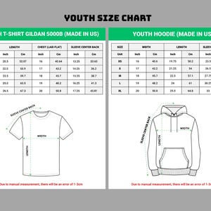 Peut inclure: Tableau des tailles pour enfants pour t-shirts et sweats &agrave; capuche Gildan 5000B, fabriqu&eacute;s aux &Eacute;tats-Unis. Le tableau comprend des mesures en pouces et en centim&egrave;tres pour la longueur, la poitrine, la largeur et le dos des manches.