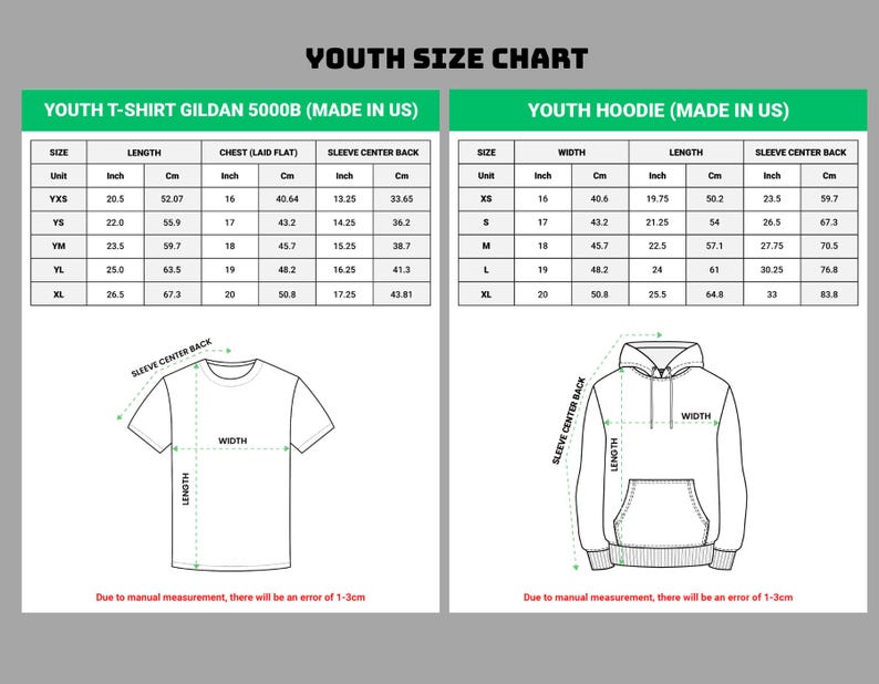 Peut inclure: Tableau des tailles pour enfants pour t-shirts et sweats &agrave; capuche Gildan 5000B, fabriqu&eacute;s aux &Eacute;tats-Unis. Le tableau comprend des mesures en pouces et en centim&egrave;tres pour la longueur, la poitrine, la largeur et le dos des manches.