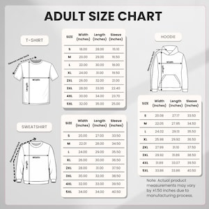 May include: Adult size chart for t-shirts, hoodies, and sweatshirts. Includes measurements in inches for width, length, and sleeve length for sizes S to 5XL. Note: measurements may vary by &plusmn;1.50 inches.