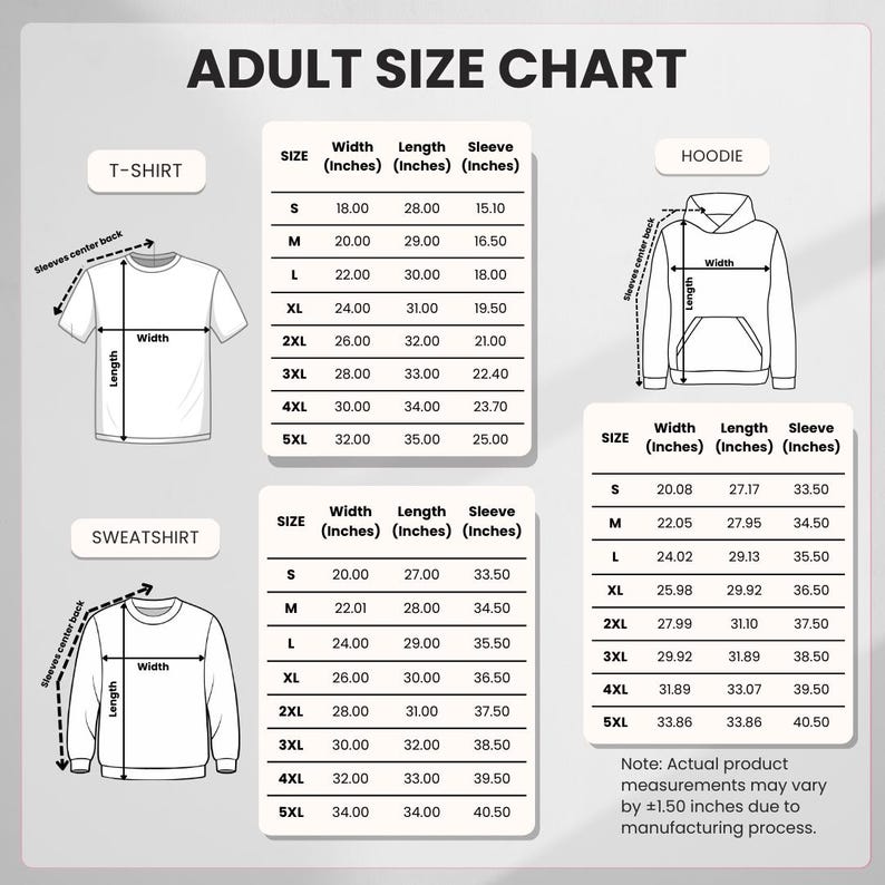 May include: Adult size chart for t-shirts, hoodies, and sweatshirts. Includes measurements in inches for width, length, and sleeve length for sizes S to 5XL. Note: measurements may vary by &plusmn;1.50 inches.