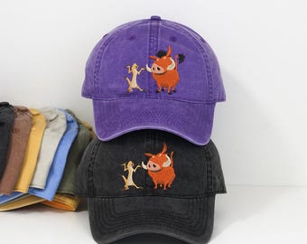 Embroidered Timon and Pumbaa Baseball cap, Vintage Lion King Washed Dad hat, Retro Disney Fan Low Profile cap, Hakuna Matata Gift