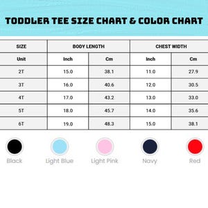 Peut inclure: Un tableau intitul&eacute; "TODDLER TEE SIZE CHART & COLOR CHART" avec des options de taille et de couleur. Le tableau des tailles comprend les mesures de la longueur du corps et de la largeur de la poitrine en pouces et en centim&egrave;tres pour les tailles 2T &agrave; 6T. Les options de couleur incluent blanc, noir, bleu clair, rose clair, marine, rouge, royal et gris sport.