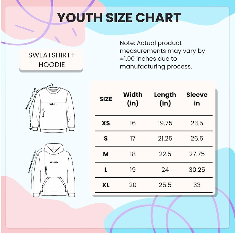 Puede incluir: Tabla de tallas juvenil para sudaderas y sudaderas con capucha. Las medidas en pulgadas (ancho, largo, manga) var&iacute;an de XS a XL. El texto &laquo;YOUTH SIZE CHART&raquo; est&aacute; en la parte superior.