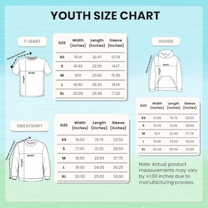 May include: Youth size chart for t-shirts, hoodies, and sweatshirts. Measurements in inches for width, length, and sleeve length are provided for sizes XS to XL. Note: measurements may vary by &plusmn;1.00 inches.