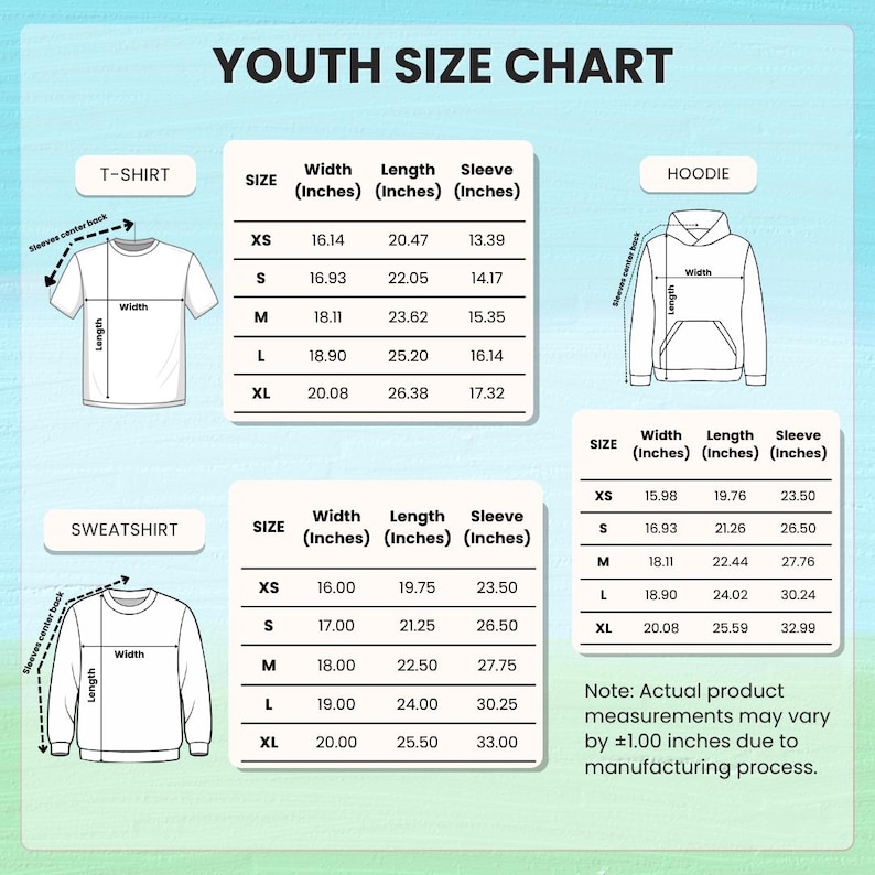 May include: Youth size chart for t-shirts, hoodies, and sweatshirts. Measurements in inches for width, length, and sleeve length are provided for sizes XS to XL. Note: measurements may vary by &plusmn;1.00 inches.