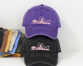 Embroidered Disney World Skyline Baseball cap, Vintage Theme Park Washed Dad hat, Retro Magic Kingdom Low Profile cap, Vacation Gifts