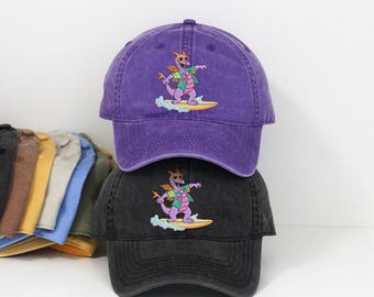 Embroidered Surfing Figment Dragon Baseball cap, Vintage Epcot Summer Vacation Washed Dad hat, Retro Disney Adult LowProfile cap, Beach Wear