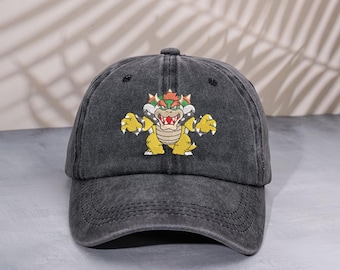 Embroidered Bowser King Koopa Baseball cap, Vintage Mario Gaming Washed Dad hat, Retro Retro Gamer Fan Low Profile cap, Streetwear Gift