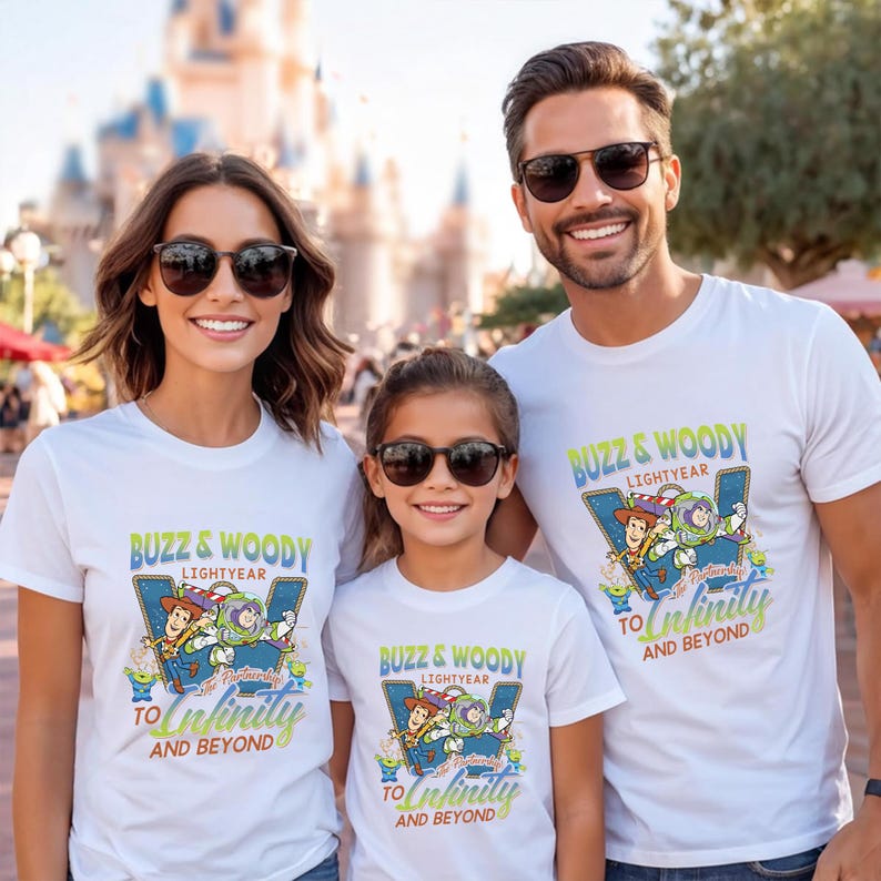 以下が含まれることがあります： 3人の人が、トイ・ストーリーのバズ・ライトイヤーとウッディが描かれたカラフルなグラフィックの白いTシャツを着ています。「BUZZ & WOODY LIGHTYEAR」と「TO INFINITY AND BEYOND」の文字もシャツに表示されています。3人ともサングラスをかけています。