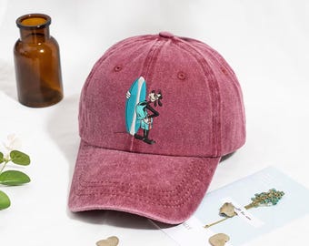 Embroidered Goofy Surfer Baseball cap, Vintage 90s Beach Culture Washed Dad hat, Retro Disney Adult Low Profile cap, Theme Park Trip
