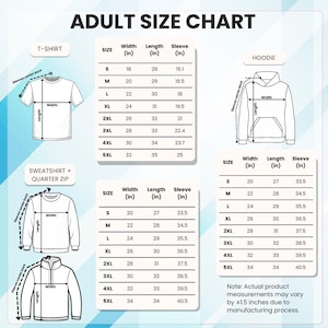 Puede incluir: Tabla de tallas para adultos de camisetas, sudaderas con capucha y sudaderas con cremallera. La tabla incluye medidas en pulgadas de ancho, largo y largo de manga para tallas S a 5XL. Nota: las medidas pueden variar en &plusmn;1,5 pulgadas.