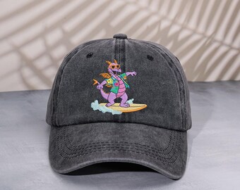 Embroidered Surfing Figment Dragon Baseball cap, Vintage Epcot Summer Vacation Washed Dad hat, Retro Disney Adult LowProfile cap, Beach Wear