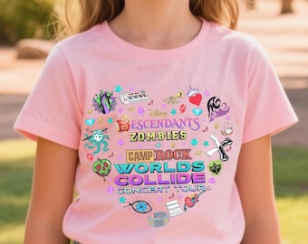 Worlds Collide Concert Tour T-shirt, Descendants Zombies Camp Rock Toddler Shirt, Disney Channel Nostalgia Retro Sweatshirt, Heart Icon Tee