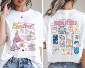 Two Sided Vintage Meet Me On Main Street T-shirt, Retro Disney World Toddler Shirt, Magical Girl Sweatshirt, Family Vacation Trip Outfit