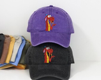 Embroidered Mushu Dragon Baseball cap, Vintage Mulan Washed Dad hat, Retro Cartoon Fan Low Profile cap, Cute Disneyland Trip Gift