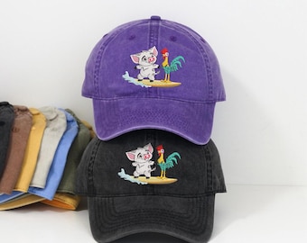 Embroidered Moana Pua Heihei Baseball cap, Vintage Disney Beach Washed Dad hat, Retro Theme Park Fan Low Profile cap, Summer Vacation
