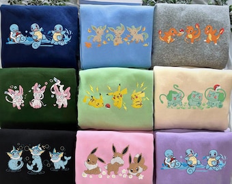 Embroidered Poke Trio Baby Tee, Retro Anime T-shirt, Vintage Gamer Sweatshirt, Cute Streetwear Hoodie Gift For Fans