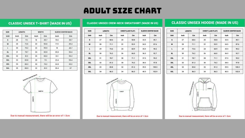 Peut inclure: Tableau des tailles adultes pour t-shirts, sweatshirts ras du cou et sweats &agrave; capuche unisexes classiques. Le tableau comprend des mesures en pouces et en centim&egrave;tres pour la longueur, la largeur et le dos du centre de la manche.