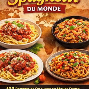 May include: A cookbook cover with the title "Les Spaghetti du Monde" in gold lettering. The image features four different spaghetti dishes in bowls and plates, with the text "100 Recipes of Spaghetti from Around the World" and the author's name.