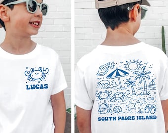 Personalized Kids Beach Vacation Shirt, Custom Kids Name Tee, South Padre Island Shirt, Crab Turtle Lover Kids Gift, Coastal Kids Trip Tee