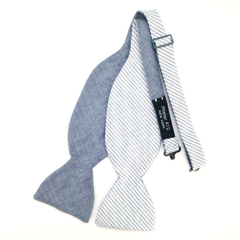 Men/'s Bow Tie Chambray Bowtie Indigo and Dusty Gray Stripe Self Tie Bowties for Gift /& Wedding READY TO SHIP