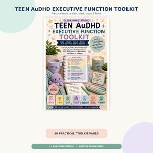 May include: A Teen AuDHD Executive Function Toolkit digital download featuring 30 pages of practical planning tools. The cover displays a spiral-bound planner, a purple mug, a candle, a plush octopus, and pens, with text detailing strategies for focus.