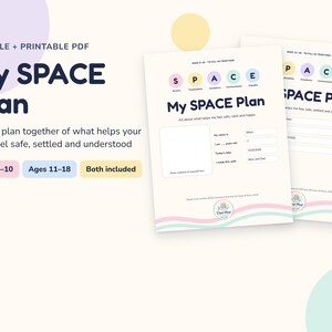 May include: A fillable and printable PDF document titled My SPACE Plan. The page features the acronym SPACE with colored circles, a section for personal details, and a box for a drawing. The design uses pastel colors and clear text.